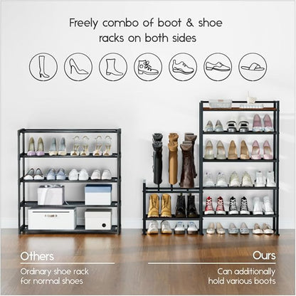 Shoe Rack Organizer and Storage - 5 Tier Metal Shoe Rack with Boot Storage & Side Any Combination - Space Saving Shoe Shelf for Entryway, Bedroom, Closet, Garage, Small Spaces