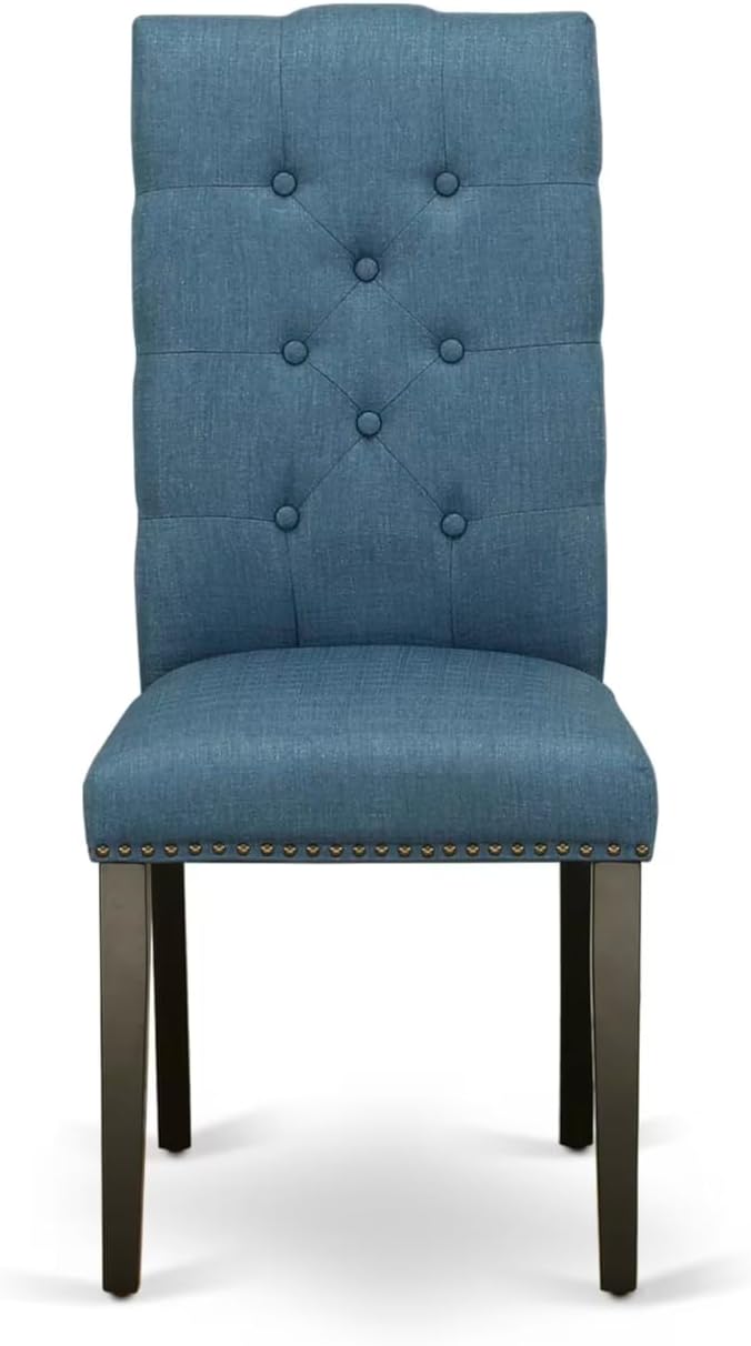 East West Furniture V677EL121-7 7 Piece Modern Dining Table Set Consist of a Rectangle Wooden Table with V-Legs and 6 Blue Linen Fabric Parson Dining Chairs, 40x72 Inch, Multi-Color