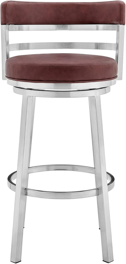 Armen Living Titana 26" Counter Height Swivel Red Faux Leather and Brushed Stainless Steel Bar Stool