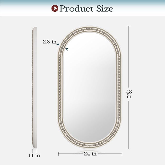 Boho Oval Mirror, 24" x 48" White Beaded Tall Farmhouse Mirrors Antique Oval Bathroom, Wooden Rustic Decorative Mirror for Wall, Bedroom, Dining Room, Hallway