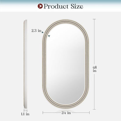 Boho Oval Mirror, 24" x 48" White Beaded Tall Farmhouse Mirrors Antique Oval Bathroom, Wooden Rustic Decorative Mirror for Wall, Bedroom, Dining Room, Hallway