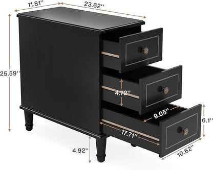 Tribesigns Solid Wood End Table, Fully Assembled Narrow Side Table with Drawers, Pre-Assembled Nightstand Slim Bedside Table for Small Spaces, Living Room, Bedroom, Black