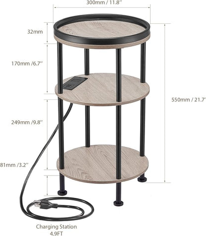 Small Round Side Table with Charging Station for Small Spaces, 3-Tier Accent Table with USB Ports & Power Outlets, Corner Tea Table Sofa Table for Living Room Nightstand Bedroom Apartment(USB,Oak)