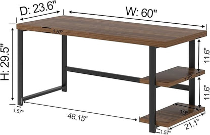 FOLUBAN Modern Computer Desk for Home Office, Large Writing Table with Storage Shelves, Wood and Metal Study Gaming Desk Workstation for Living Room, Rustic Walnut, 60 Inch