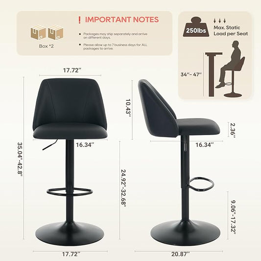 COLAMY Bar Stools Set of 4, Modern Swivel Bar Chairs, Adjustable PU Leather Upholstered Barstools Counter Height with Full Backrest for Bar, Dining Room, Kitchen Island, Black
