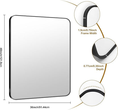 KOCUUY 36"x48" Large Rectangle Vanity Mirror, Black Metal Frame Mirror with Rounded Corner, Modern Design of Upgraded Shatterproof Glass for Bathroom, Bedroom, Living Room, Entryway