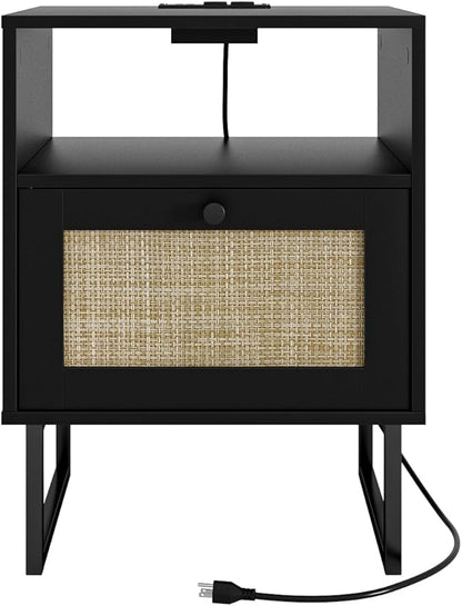Rattan Nightstand with Charging Station, Boho Night Stand Farmhouse Wood Bedside Table with Storage and Open Shelf, End Side Accent Table for Bedroom,Living Room,Black