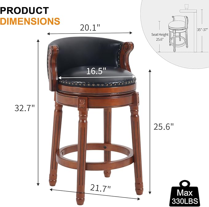 Cow top Leather Wooden Bar Stools, 29.5" Bar Height Bar Chair with Back, 180 Degrees Swivel Barstools Chair for Home Kitchen Counter,Dining Room (Black-2pcs, Counter Height-Seat Height 26”)