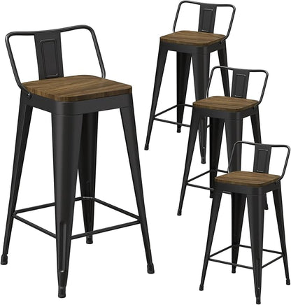Black Bar Stools Set of 4, Metal Bar Stools with Wooden Seat, Modern 26”Counter Height Barstools with Low Back