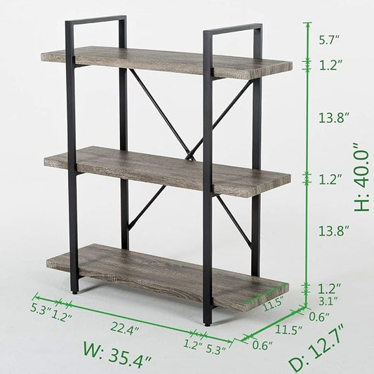 HSH 3-Shelf Bookcase, Rustic Gray 3 Tier Bookshelf, Vintage Industrial Wooden and Metal Display and Storage Bookshelves Tower for Home Office Livingroom Bedroom Light Grey Oak