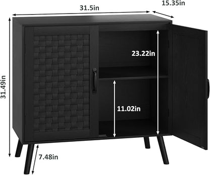 Black Buffet Sideboard Cabinet, Storage Cabinet with Handmade PVC Rattan Decor Doors, Wooden Coffee Station with Adjustable Shelf for Kitchen, Living Room, Entryway