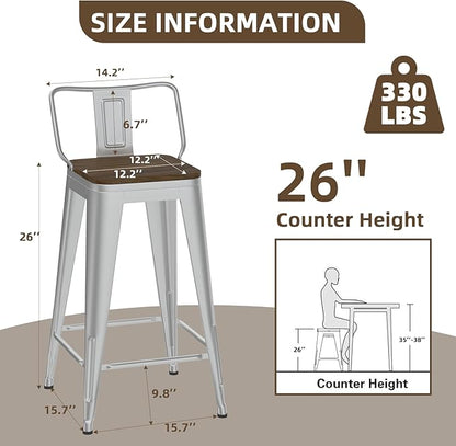 26 Inch Swivel Bar Stools Set of 4, Counter Height Bar Stools with Low Back, Metal Industrial Bar Chairs for Kitchen Island (Silver)