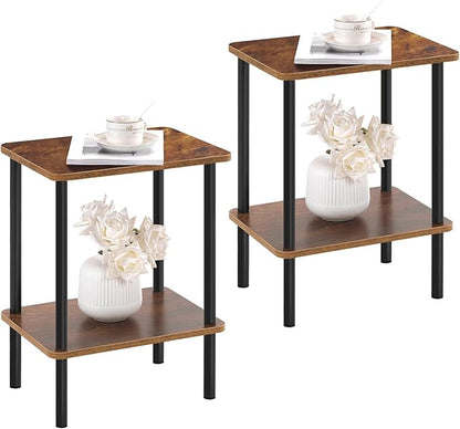 Apicizon 2 Tier End Table Set of 2, Small Side Table with Solid Wood Legs, Boho Bedside Table with Storage Shelf, Nightstand for Small Spaces, Bedroom, Living Room, Entryway, Easy Assembly, Brown