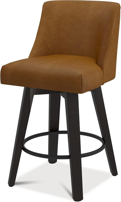 Bar Stools Set of 2, 26" H Counter Height Swivel Bar Stools, Upholstered Kitchen Island Counter Stools with Back and Solid Wood Legs, Faux Leather in Rustic Brown