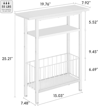 Vagusicc Narrow Side Table, Skinny Side Table for Couch, 3-Tier Small End Table for Small Spaces, Bed Side Tables with Storage, 25.2" Tall Slim Nightstand Bedside table for Living Room, Bedroom, White