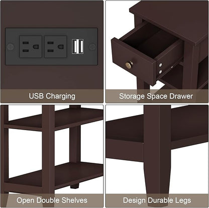 ChooChoo Narrow End Table with Charging Station, Side Table Living Room with USB Ports & Power Outlets and Hidden Drawer, 3-Tier Skinny Nightstand with 2 Open Storage Shelves For Small Place(Espresso)