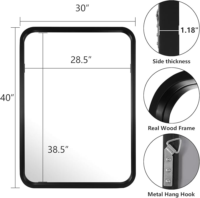WallBeyond 30x40 Inch Wood Mirror for Bathroom, Wooden Frame Wall Mirror Farmhouse Wall Mounted Rectangle Mirror for Vanity (Horizontal/Vertical Black Color)