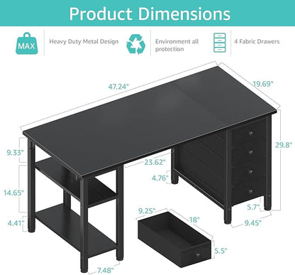 Lufeiya Gaming Desk with 4 Fabric Drawers & Storage Shelves, 47 inch Computer Writing Work Study Desk for Home Office Bedroom, Modern Simple Student PC Desks Table, Black