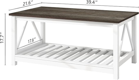 Farmhouse Coffee Table, White OakCoffee Table for Living Room, 2-Tier Rectangular Wooden Centre Cocktail Table with Slats Shelf Storage and V-Shaped Frame Modern Coffee Table Dark Oak