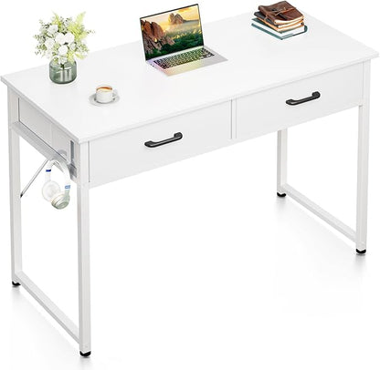 Casaottima 40 Inch Small Office Computer Desk with 2 Drawers & Headphone Hook - Compact Writing Desk for Home Office, Study or Work, Modern Space-Saving Design for Small Spaces, White