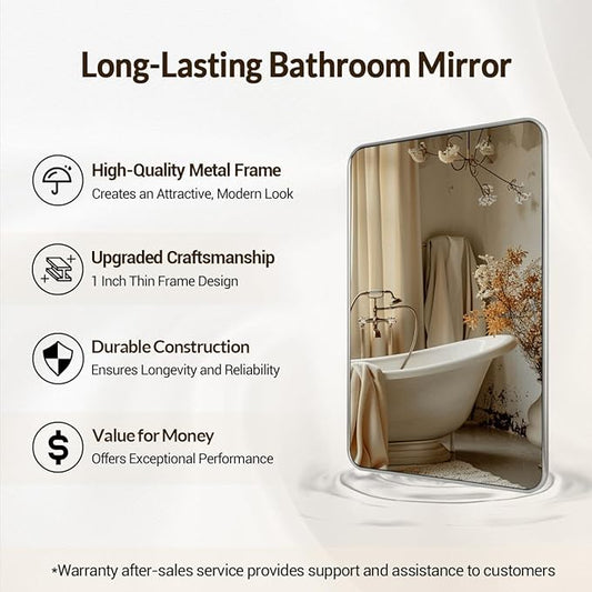 ANDY STAR Brushed Nickel Mirror, Stainless Steel Metal Frame 24x36 Inch Bathroom Mirror for Over Sink, Modern Rounded Corner Slim Silver Vanity Mirror for Wall Mounted Horizontally or Vertically