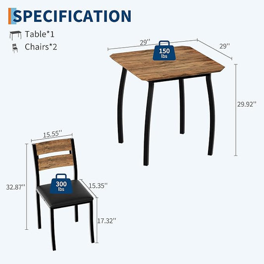 GAOMON Dining Table Set for 2, 3 Piece Small Kitchen Table and 2 Upholstered Chairs with Metal Frame & Wood Grain Tabletop for Small Space, Apartment, Kitchen, Dining Room, Black/Rustic