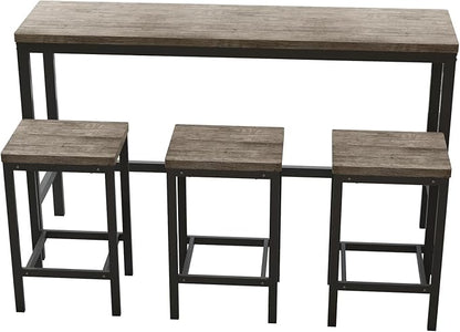KEIKI 60.24” Long Bar High Top Dining Table and 3 Stools Chairs Set, Wood Behind Couch Sofa Counter Height Pub Furniture for Breakfast, Kitchen Living Party Room, Brown Grey