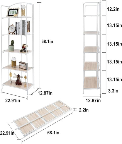 Crofy No Assembly Folding Bookshelf for Living Room, 5 Tier White Collapsible Book Shelf for Home Office, Portable Bookcase Storage Organizer