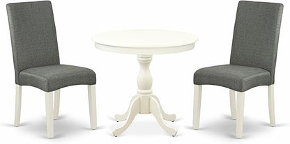 East West Furniture AMDR3-LWH-07 3 Piece Dining Table Set for Small Spaces Contains a Round Kitchen Table with Pedestal and 2 Gray Linen Fabric Upholstered Chairs, 36x36 Inch, Linen White