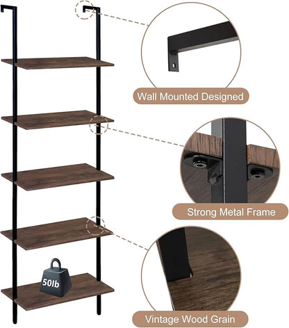 5 Tiers Ladder Shelf 2-Piece Black Modern Tall Bookshelf Open Large Tall Wall Mount Storage Bookcase Standing Leaning Wall Shelves Industrial Decorative (Brown)
