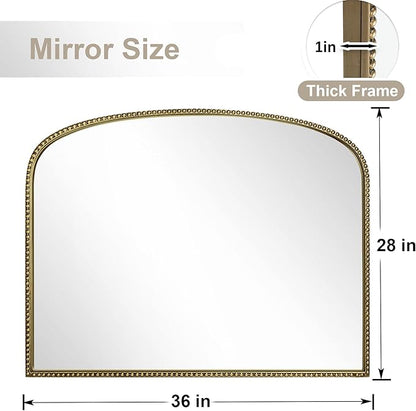36"X28" Arched Mirror,Metal Beaded Frame Mirror for Wall,Ornate High-Definition Mirrors,Fit for Fireplace, Living Room,Hallway,Bathroom,Antique Gold