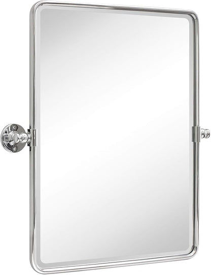TEHOME 20 x 24 inch Farmhouse Chrome Metal Framed Pivot Rectangle Bathroom Mirror Rounded Rectangluar Tilting Beveled Vanity Mirrors for Wall
