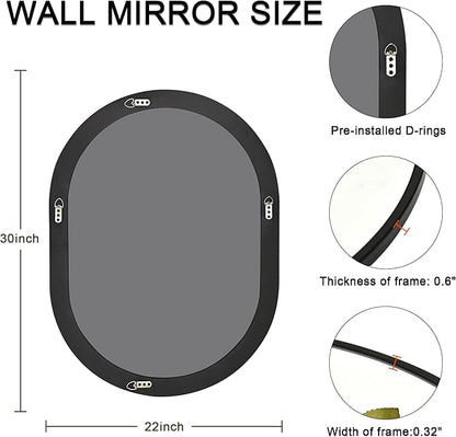 Oval Bathroom Mirror 22x30 Inch, Pill Shape Black Framed Wood Wall Mirrors with Tempered Glass for Modern Bedroom,Entryway or Living Room(Hanging Vertical or Horizontal)