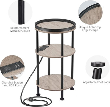 Small Round Side Table with Charging Station for Small Spaces, 3-Tier Accent Table with USB Ports & Power Outlets, Corner Tea Table Sofa Table for Living Room Nightstand Bedroom Apartment(USB,Oak)