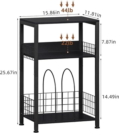 LELELINKY Side Table with Storage, Black Night Stand for Small Spaces, 3 Tier Industrial Wooden Record Player Holder with Vinyl Storage Shelf, End Tables Printer Stand for Bedroom