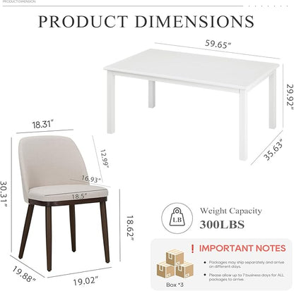 COLAMY 60 Inch Rectangular Kitchen Dining Table for 4, Modern Farmhouse Dining Table Set for 4, Wood Dining Table and Upholstered Dining Chairs for Kitchen, Dining Room, Restaurant, White/Beige