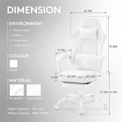 White Gaming Chair,Computer Office Chair with Footrest,Massage Lumbar Support and Gel Pad,Ergonomic Reclining Adjustable Leather Gamer Chair with Headrest and Spring Cushion White