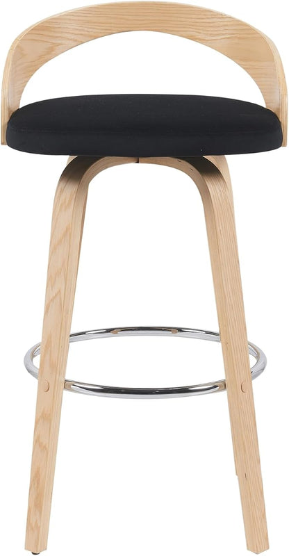 Armen Living Sonia Modern Swivel Bar Height Stool with Black Upholstered Seat and Patterned Oak Wood Finish