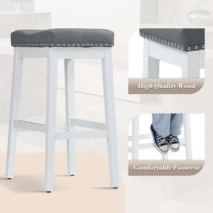 Athena Collection Counter Height Bar Stools Set of 2, 29.5 Inches Backless Saddle Bar Stools with Leather Upholstered and Nailhead Trim, Barstools for Counter, Kitchen Island, Dining Room, Grey
