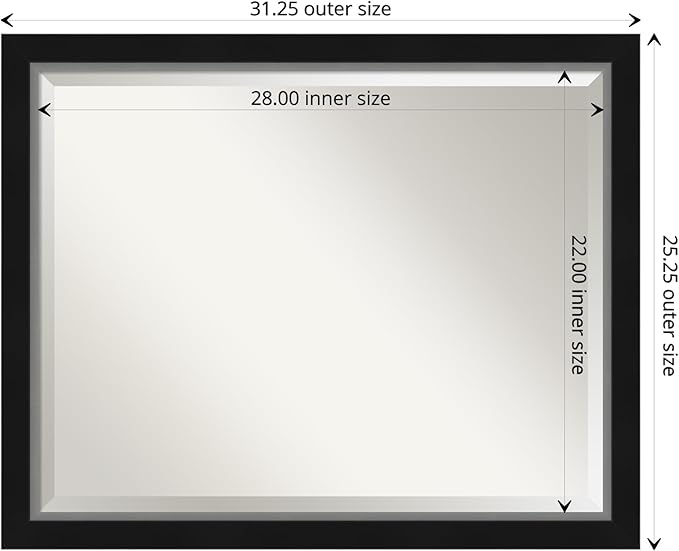 Amanti Art Black Bathroom Mirror for Over Sink, 25x31 Eva Black Silver Narrow Rectangle Vanity Mirror, Large Modern Contemporary Frame, Hangs Horizonally and Vertically, Bathroom Wall Decor, Beveled