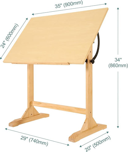 VISWIN Wood Drafting Table for Adults, 24'' x 35" Drawing Table with Adjustable Angle for Art Studio, 34" Height Solid Pine Wood Artist Desk for Drawing, Drafting, Writing, Reading, Sketching