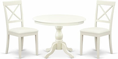 East West Furniture HBBO3-LWH-C 3 Piece Modern Dining Table Set Contains a Round Wooden Table with Pedestal and 2 Linen Fabric Kitchen Dining Chairs, 42x42 Inch, Linen White