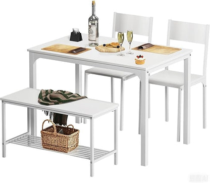 soges 4-Piece Dining Table Set with Bench - 4 Person Kitchen Table and 2 Chairs for Small Spaces, Apartment - Metal Frame & Woodgrain Tabletop, Space-Saving Design, Durable & Easy to Clean, White