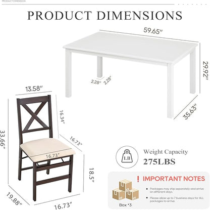COLAMY 60 Inch Rectangular Kitchen Dining Table for 4, Modern Farmhouse Dining Table Set for 4, Wood Dining Table and Folding Dining Chairs for Kitchen, Dining Room, Restaurant, White/Beige