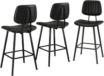 24-Inch Leather Bar Stools Set of 3, Counter Height Barstools with High Backrest，Bar Chairs for Kitchen Island with Heavy Duty Metal Legs, Black