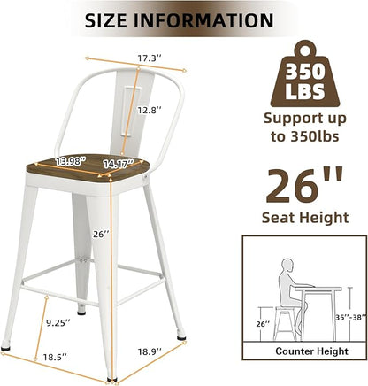 Metal Bar Stools Set of 4, High Back Bar Stools with Wooden Seat, 26 inch White Barstools for Kitchen Island