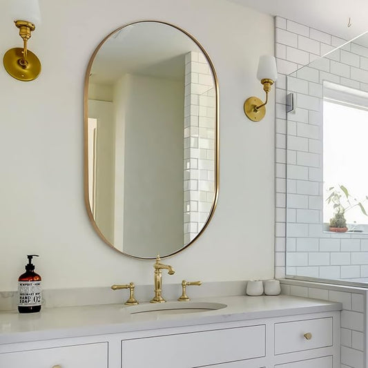 ANDY STAR Oval Mirrors for Bathroom, 26x38 Inch Gold Oval Mirror, Oval Brass Mirror Pill Shaped Stainless Steel 1’’ Deep Metal Frame Mirror Hang Vertically & Horizontally Ideal for Limited Space