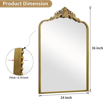 G-LEAF Vintage Baroque Mirror 24"X36",Arched Mantel Victorian Antique Farmhouse Mirror with Gold Ornate Metal Frame for Fireplace Entryway Living Room Hallway Bathroom