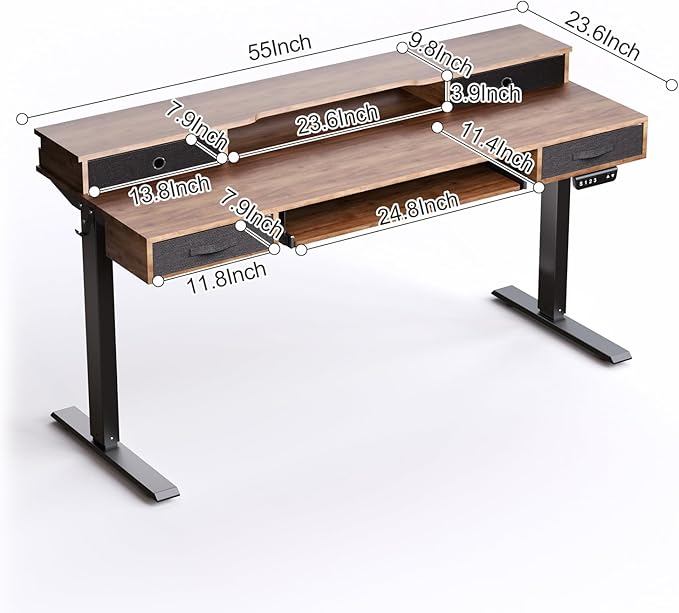 Electric Standing Desk, 55" Standing Desk Adjustable Height, Adjustable Desk with 4 Drawers, Ergonomic Adjustable Sit Stand Desk with Keyboard Tray, Rustic Brown