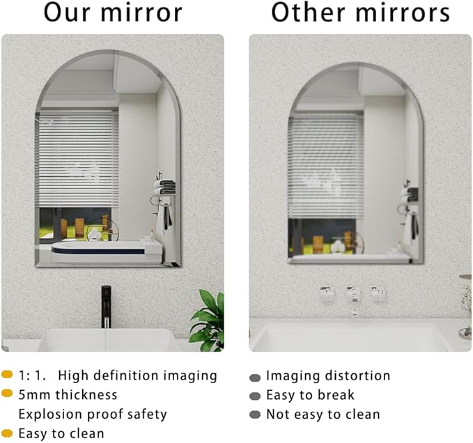 Arched Bathroom Mirror, 28X40 inch Arched Frameless Mirror, Arch Wall Mirror，Frameless Mirrors for Bathroom,Beveled Bathroom Mirror.